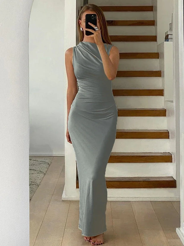 Pleated Long sleeved Slim Maxi Dress