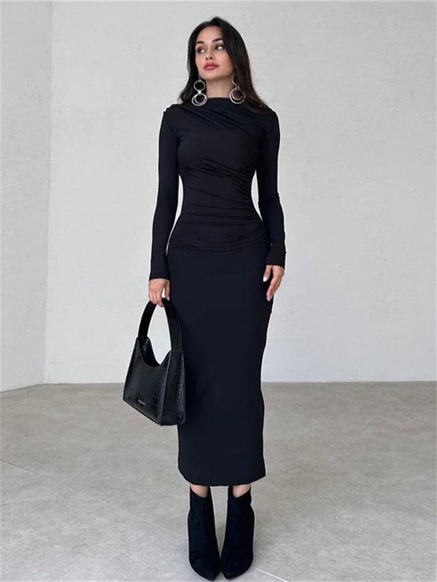 Pleated Long sleeved Slim Maxi Dress