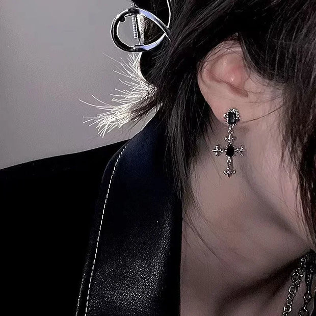 Cross Black Drill Jewel Earrings