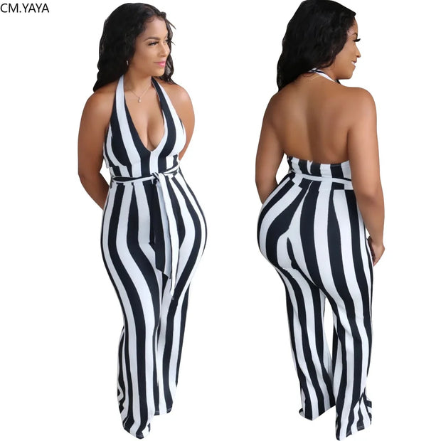 Striped Halter V-neck jumpsuit