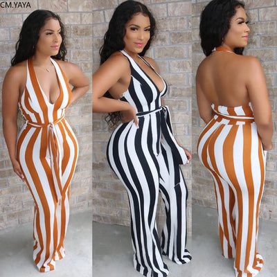 Striped Halter V-neck jumpsuit