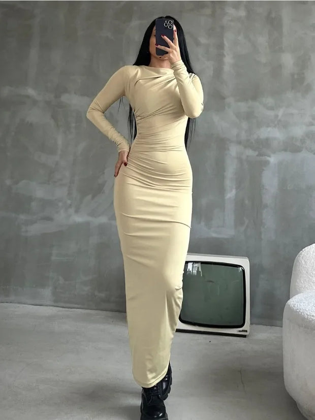 Pleated Long sleeved Slim Maxi Dress